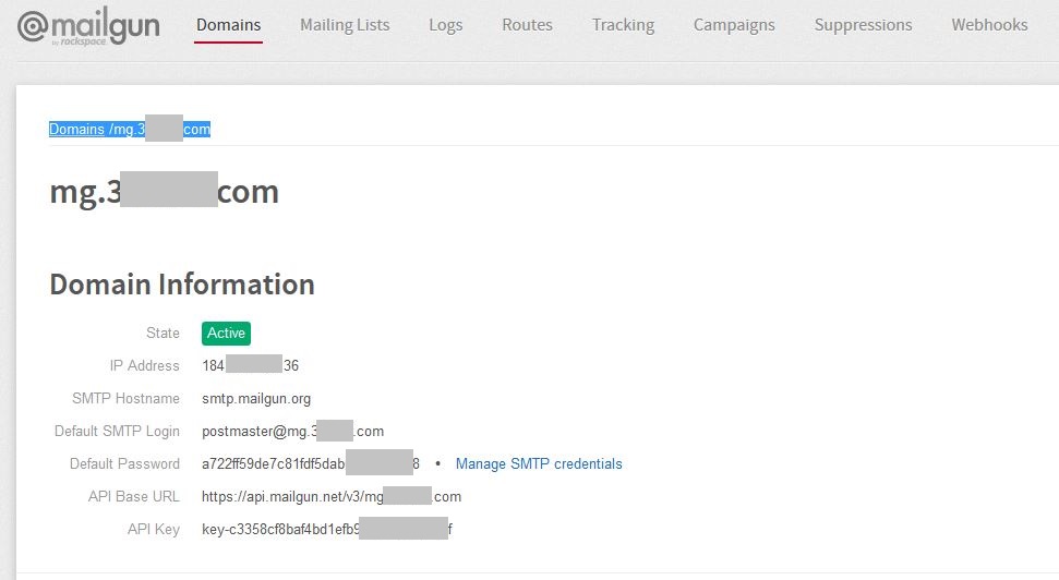 Mailgun screen that has the key data you'll need to interface with Keepmymembers application to send automated individual emails